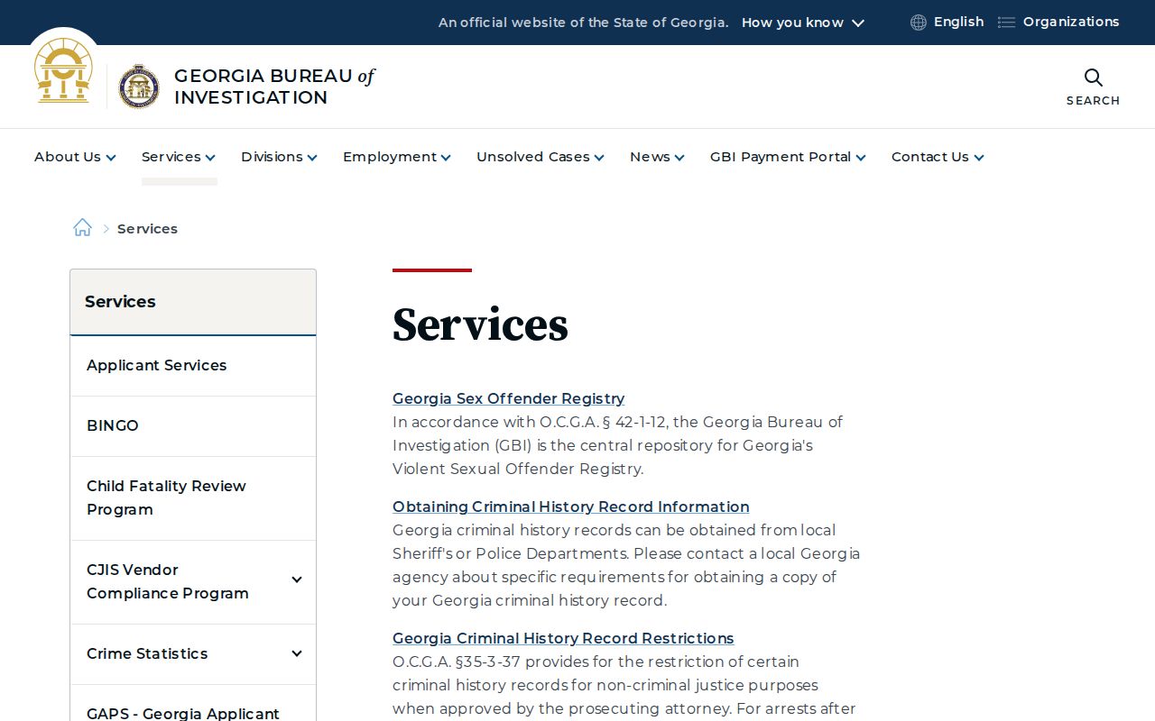 Georgia Bureau of Investigation official services page