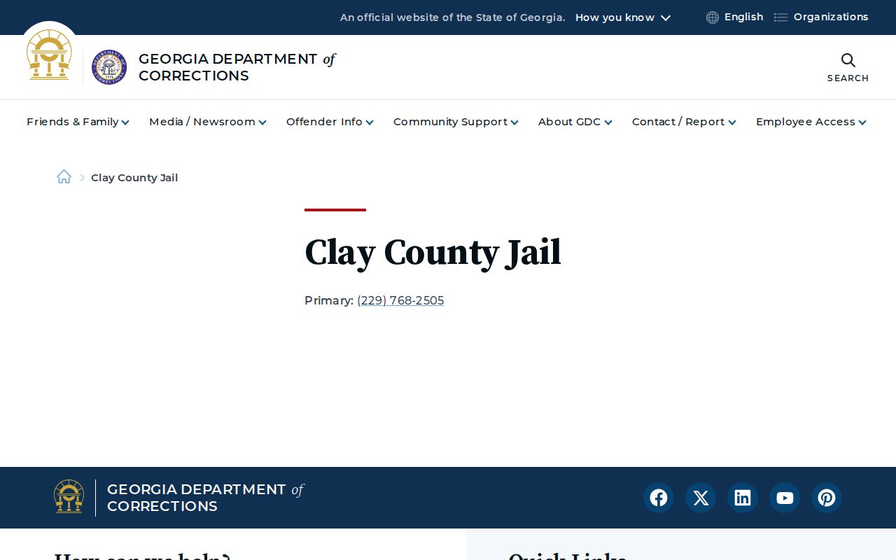 Georgia Department of Corrections Clay County Jail contact page